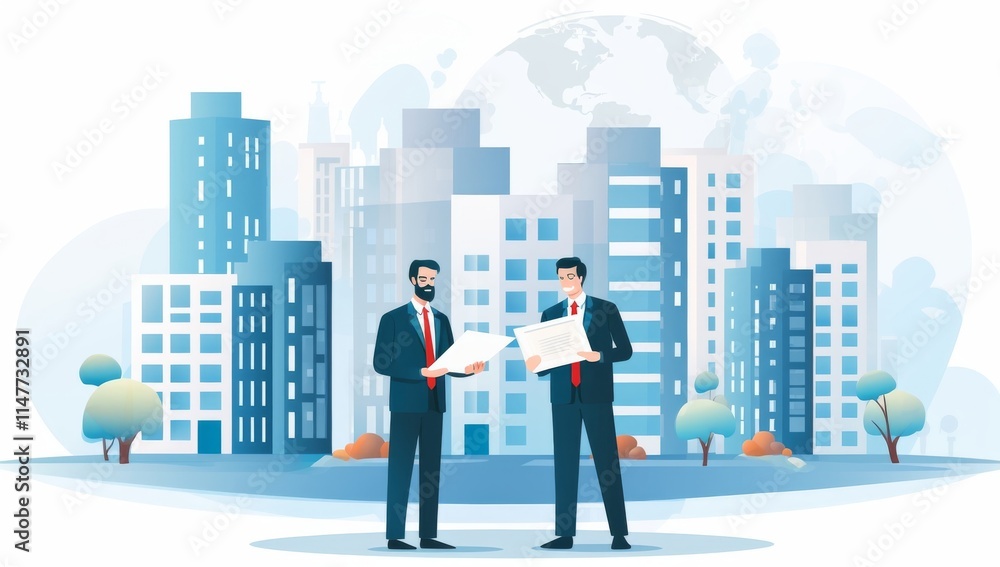 Businessmen reviewing documents in front of cityscape Businessmen reviewing documents in front of cityscape