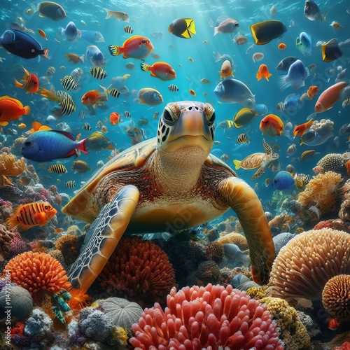 Green sea turtle swimming underwater near a coral reef in the tropical ocean surrounded by marine life photo