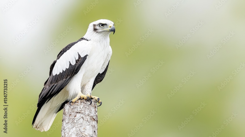 White hawk perched on a tree stump against a blurred green background. White hawk perched on a tree stump against a blurred green background.