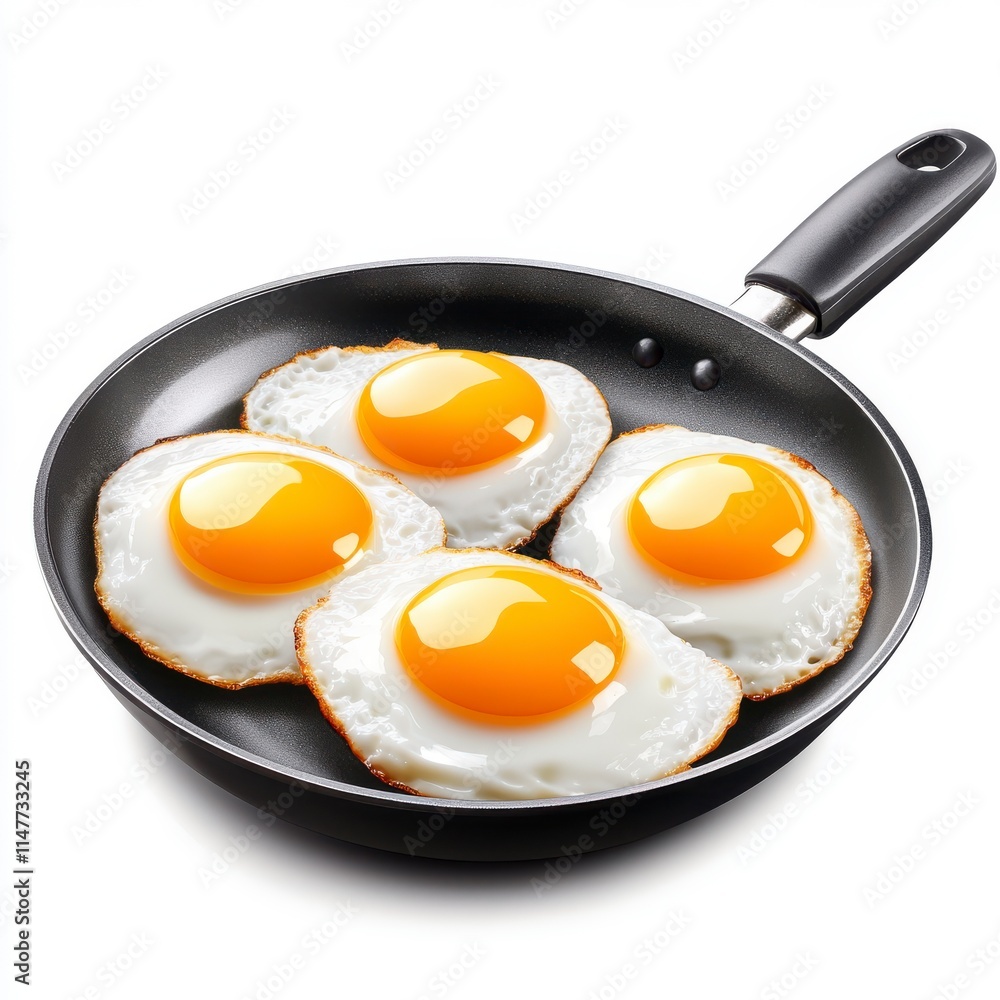 A frying pan holds four perfectly cooked eggs with bright yellow yolks, showcasing a delicious breakfast option. A frying pan holds four perfectly cooked eggs with bright yellow yolks, showcasing a delicious breakfast option.