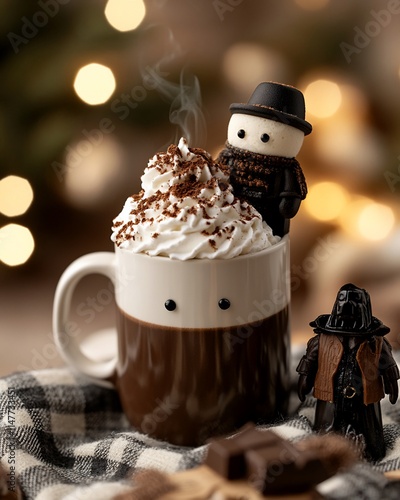 Cozy mug of hot chocolate topped with whipped cream. photo