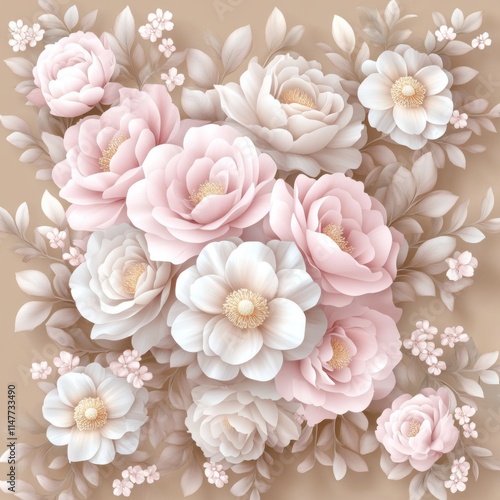 Seamless pattern of large flowers in soft pink and beige digital art floral design elegant background artistic view
