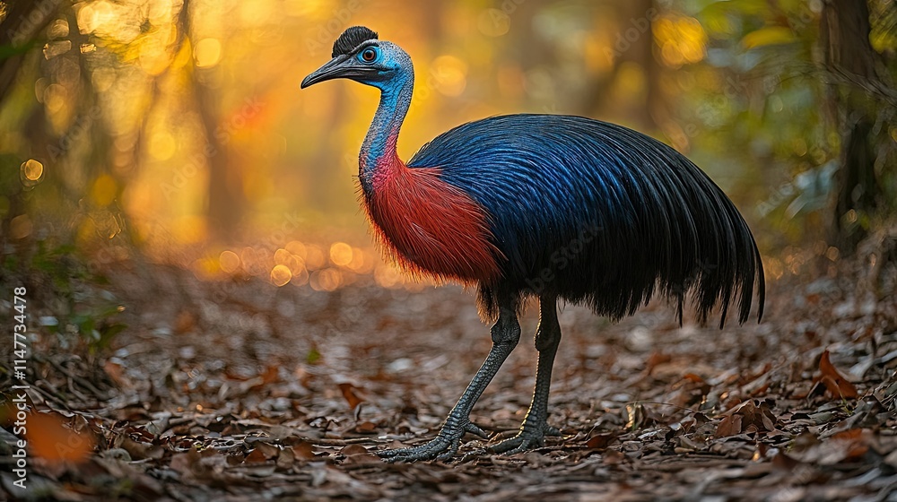 Fototapeta premium A colorful cassowary bird walks through a forest path at sunrise, showcasing vibrant plumage.