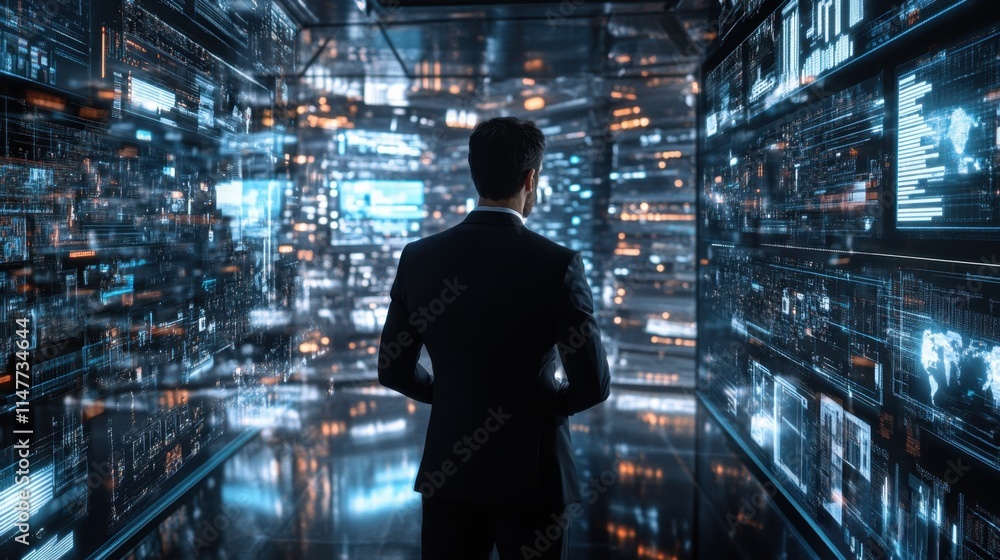 Businessman in Futuristic Digital Corridor with Data Visualizations Businessman in Futuristic Digital Corridor with Data Visualizations