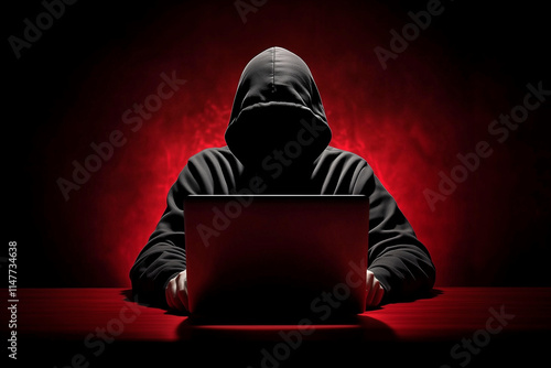 Hooded Computer Hacker in Red Room with Laptop - Low Key Portrait of Cyber Criminal photo