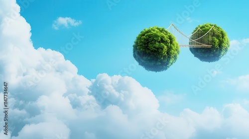 Surreal image of floating islands in the sky, connected by delicate, golden bridges Floating islands, Fantasy world