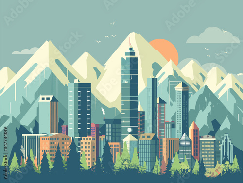 Flat Style Cityscapes with Mountains-An Animated Landscape Overlooked by Majestic Peaks
