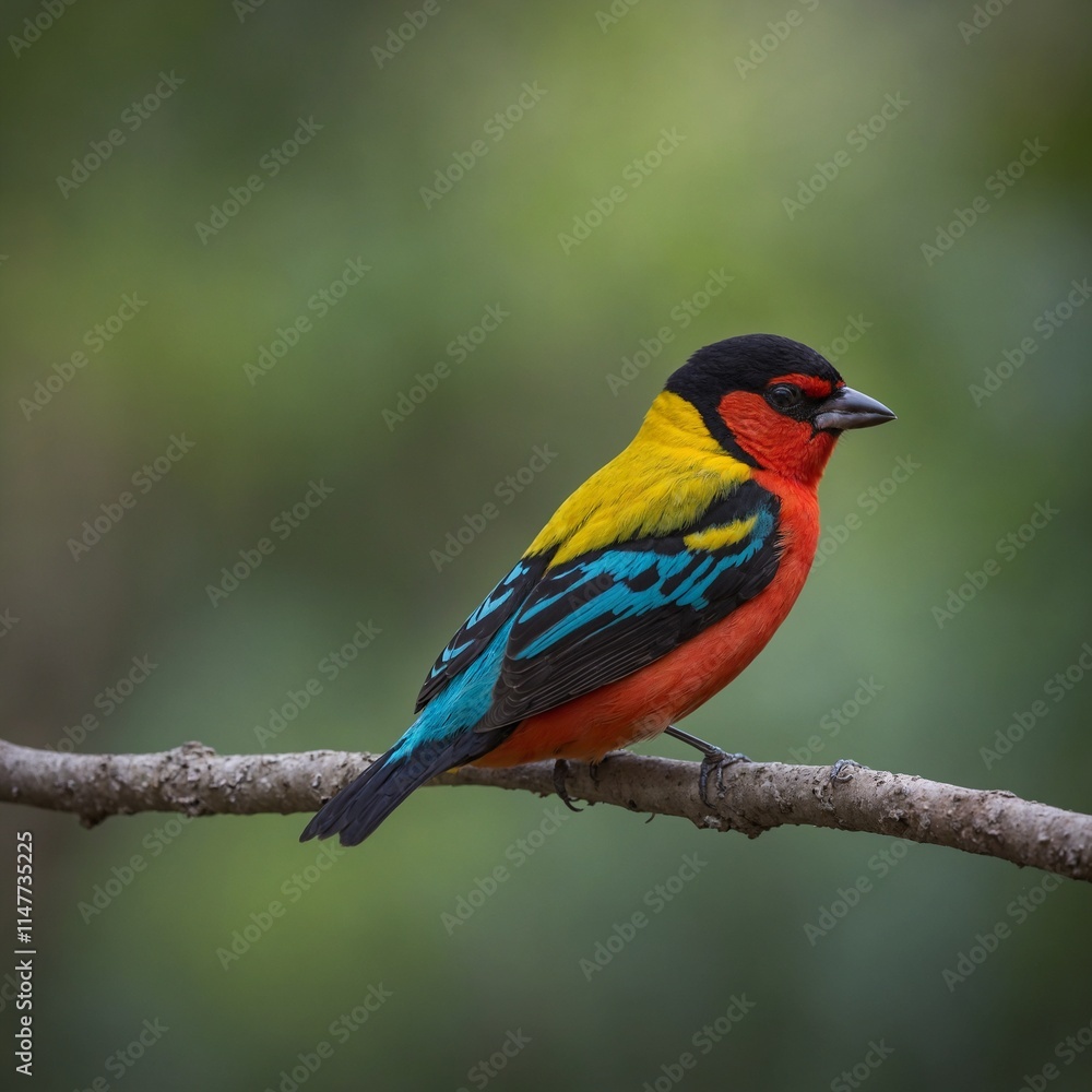 A colorful tanager bird perched, clean surface behind. A colorful tanager bird perched, clean surface behind.