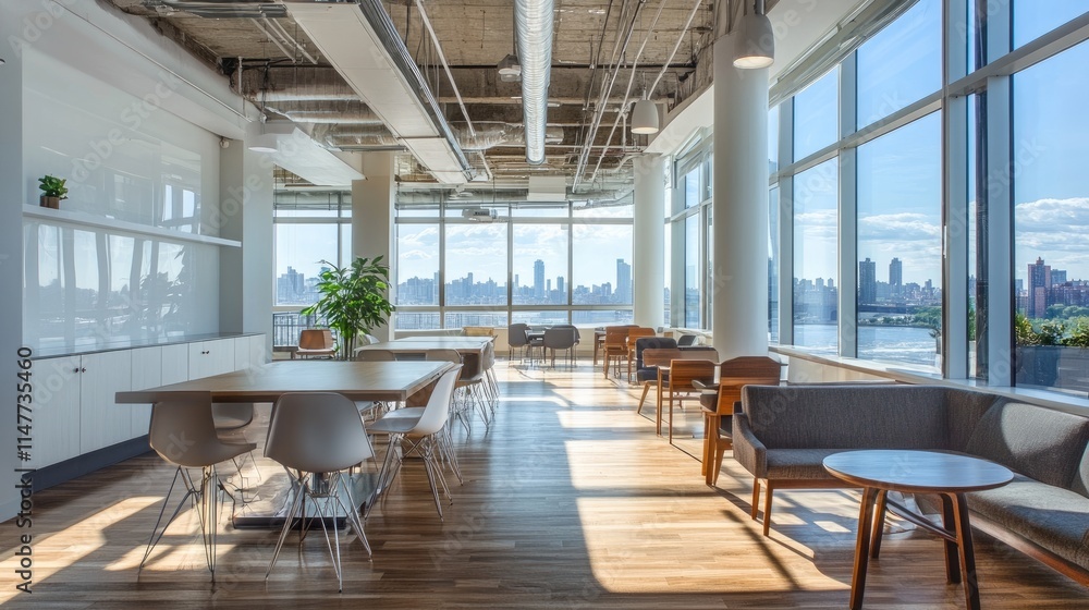 A modern office space with large panoramic windows, featuring a minimalist design with white and gray tones, and a dining area as the centerpiece. A modern office space with large panoramic windows, featuring a minimalist design with white and gray tones, and a dining area as the centerpiece.