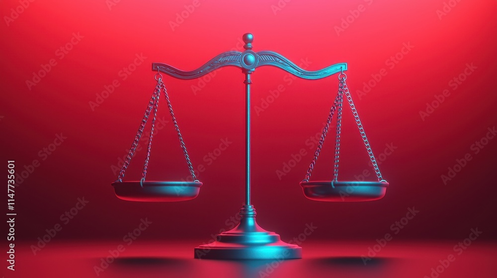 Minimalist Legal Scales on Red Background in Neon Lighting Minimalist Legal Scales on Red Background in Neon Lighting