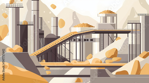 Gold mining facility with industrial equipment illustration.