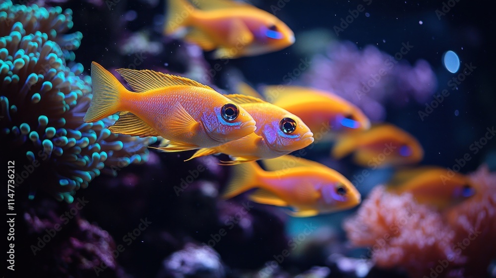 Fototapeta premium Vibrant underwater scene featuring colorful fish among coral.