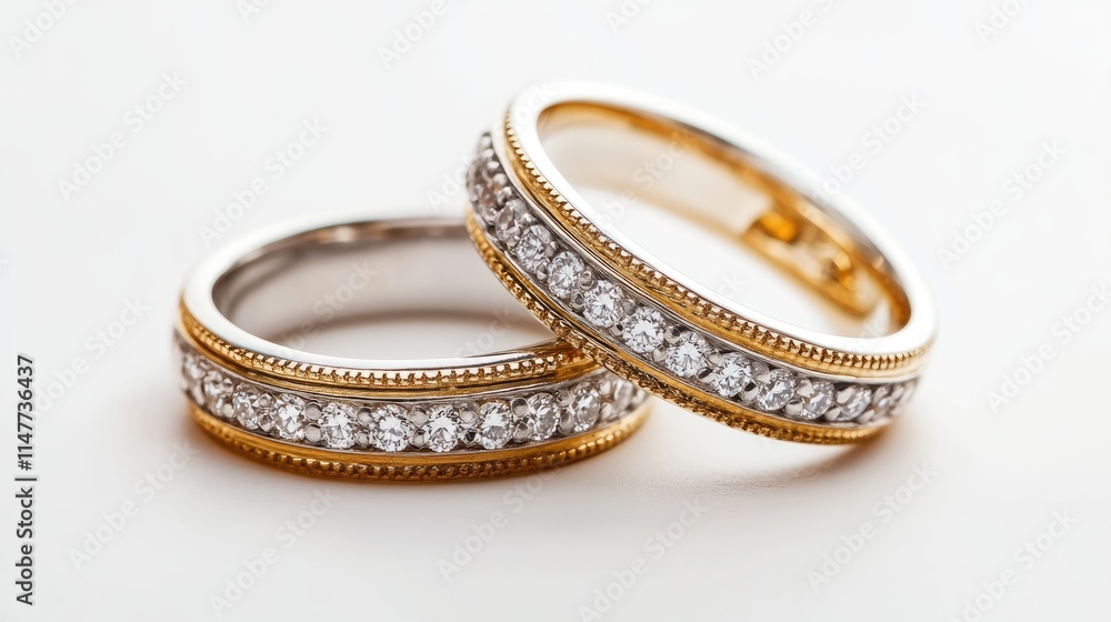 A pair of shimmering gold and silver diamond wedding rings on a simple white background, emphasizing luxury and timeless elegance. A pair of shimmering gold and silver diamond wedding rings on a simple white background, emphasizing luxury and timeless elegance.