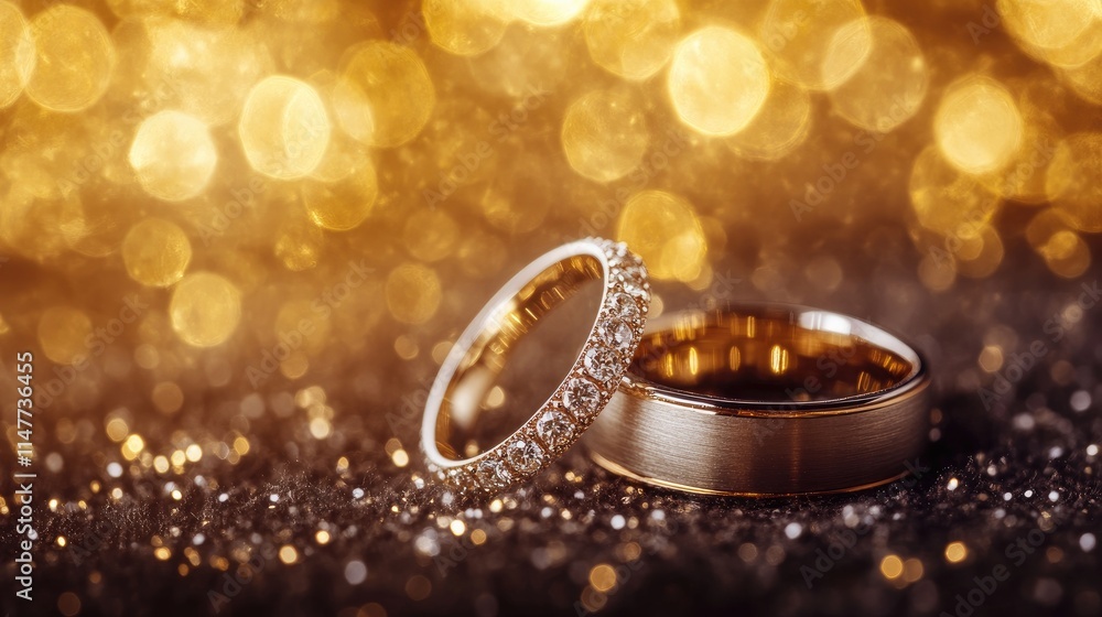 A pair of sparkling wedding rings on velvet, with a warm, golden bokeh background, creating a perfect symbol of eternal love. A pair of sparkling wedding rings on velvet, with a warm, golden bokeh background, creating a perfect symbol of eternal love.