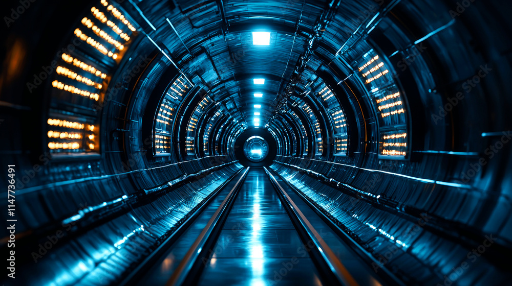 Futuristic tunnel with glowing lights and metallic walls. Futuristic tunnel with glowing lights and metallic walls.