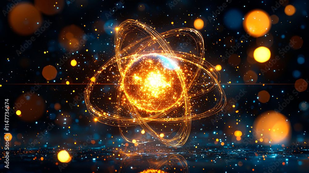 Obraz premium Glowing atom model with bokeh background.