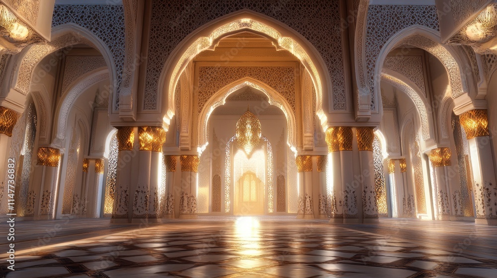 Obraz premium A peaceful interior with soft glowing arches adorned with elaborate patterns, evoking a sense of calm and tranquility.