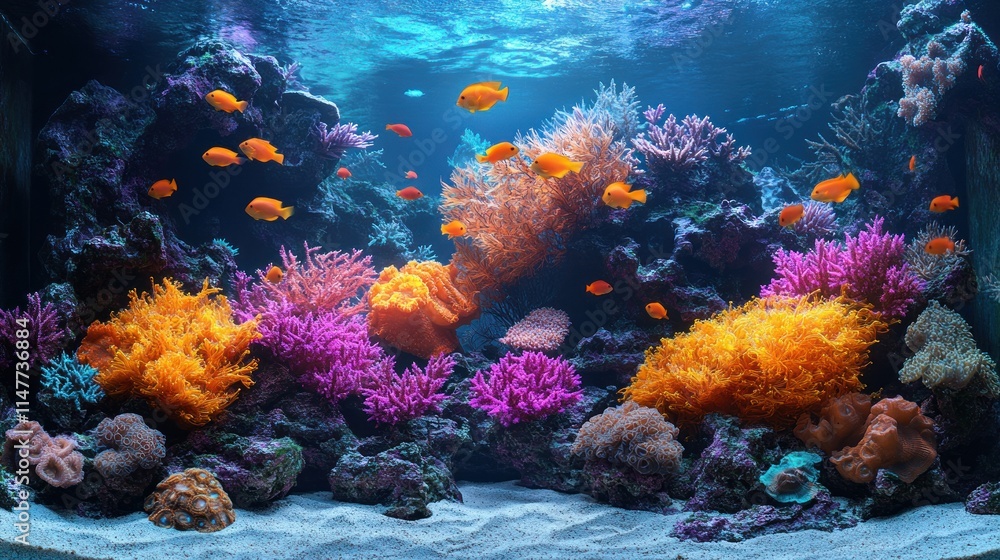 Obraz premium Vibrant underwater scene with colorful corals and fish in a reef aquarium.
