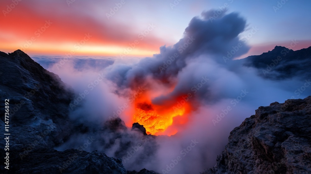 Fototapeta premium Dramatic volcanic eruption at sunset with glowing lava.