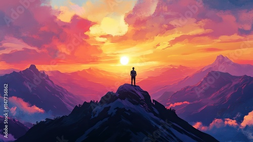 Man on a mountain peak, watching the sunset, with his back to the camera, the sky is orange and blue, symbolizing freedom, success in business and personal life, ideal for book covers or posters. photo