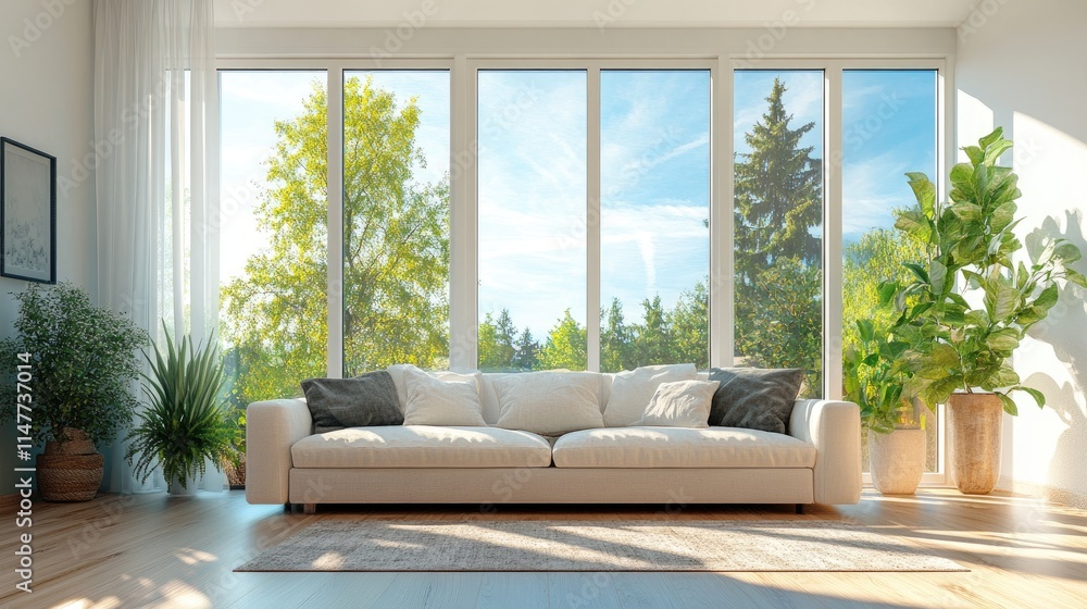 A peaceful living room with a cozy sofa and expansive windows letting in sunlight, providing a panoramic view of the open sky.