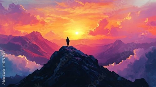 Man on a mountain peak, watching the sunset, with his back to the camera, the sky is orange and blue, symbolizing freedom, success in business and personal life, ideal for book covers or posters. photo