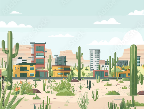 Desert City Sprawls: Arid Landscapes and Cacti Meet Urban Expansion in Flat Style