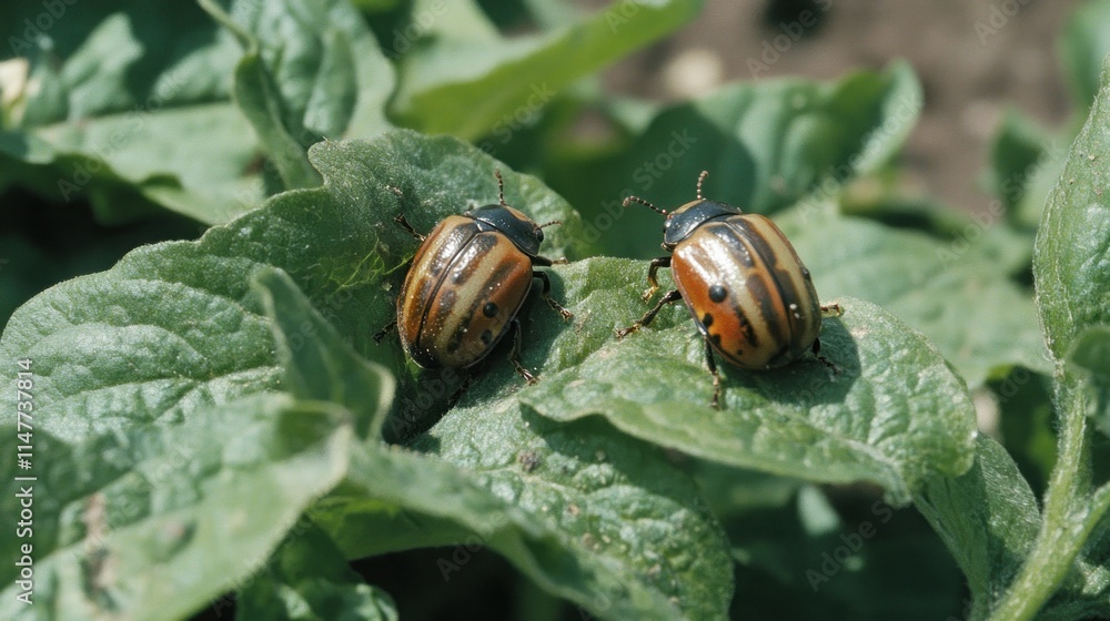 Two striped beetles on a green leafy plant Two striped beetles on a green leafy plant