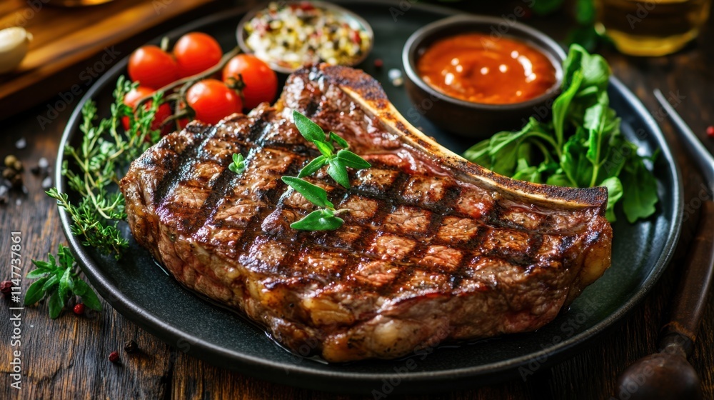 Grilled Steak with Herbs and Cherry Tomatoes on a Black Plate Grilled Steak with Herbs and Cherry Tomatoes on a Black Plate