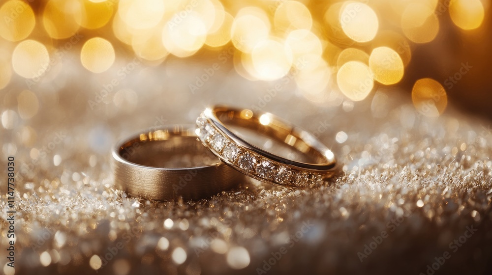 A romantic close-up of two shining wedding rings resting on plush velvet, with a golden bokeh glow creating a dreamy, celebratory atmosphere. A romantic close-up of two shining wedding rings resting on plush velvet, with a golden bokeh glow creating a dreamy, celebratory atmosphere.