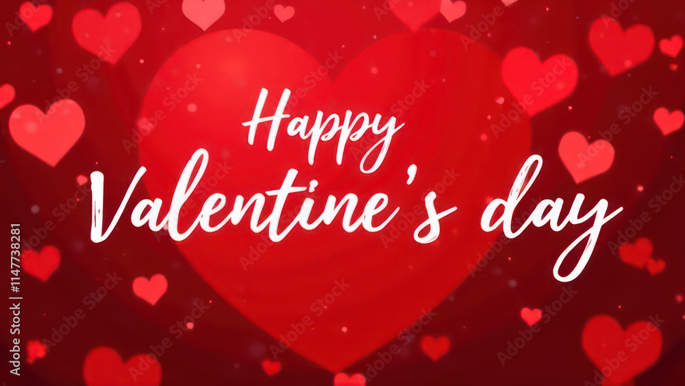 Big white Handwriting thin Letters “Happy Valentine's Day ” over red festive blurred background with hearts Big white Handwriting thin Letters “Happy Valentine's Day ” over red festive blurred background with hearts