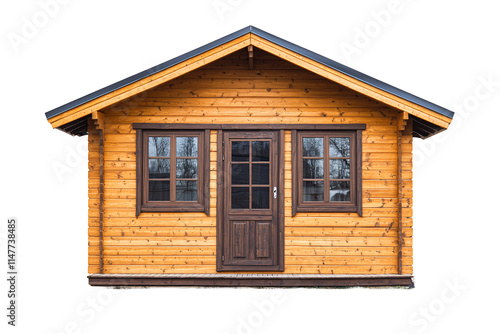 a wooden cabin with a door and windows