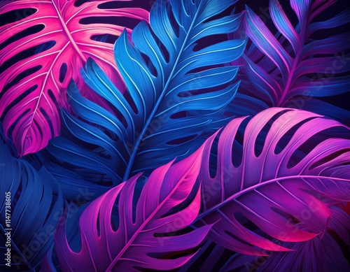 Generated image Purple blue and pink neon exotic tropical plant leaves background. Violet fluorescent monstera