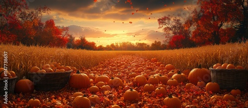 Autumn sunset over a pumpkin patch. photo