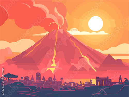 Volcanic Cities: Majestic Settlements Atop Active Volcanoes Illustrated in a Flat Style