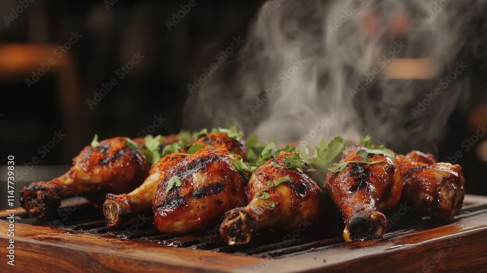 Grilled Chicken Drumsticks with Fresh Herbs and Smoke on Grill Grilled Chicken Drumsticks with Fresh Herbs and Smoke on Grill