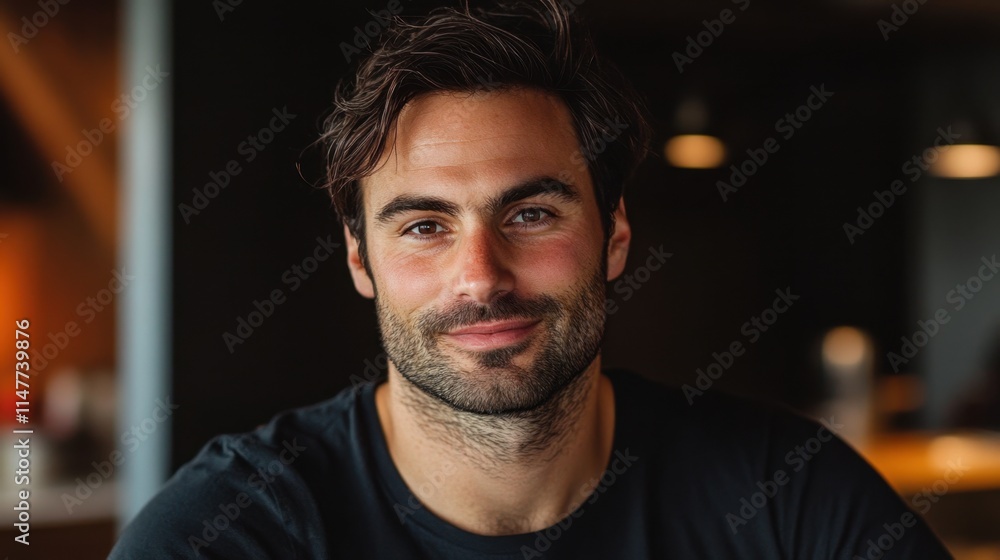 Smiling Young Man with Dark Hair in a Modern Indoor Setting Smiling Young Man with Dark Hair in a Modern Indoor Setting