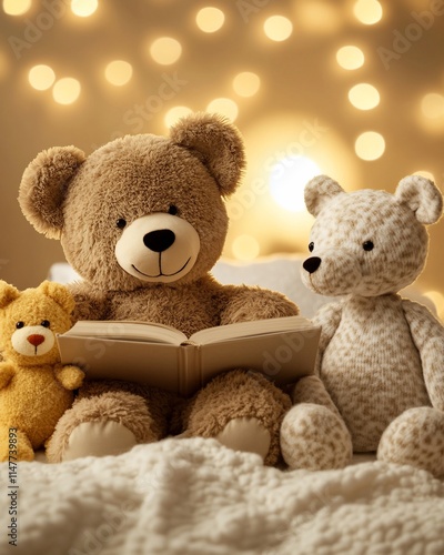 Cozy scene with teddy bears reading a book together.