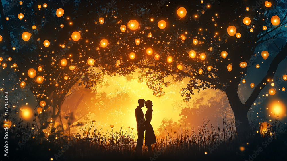 A couple sharing a moment under a canopy of glowing fairy lights, with their silhouettes outlined by the warm light of a sunset A couple sharing a moment under a canopy of glowing fairy lights, with their silhouettes outlined by the warm light of a sunset