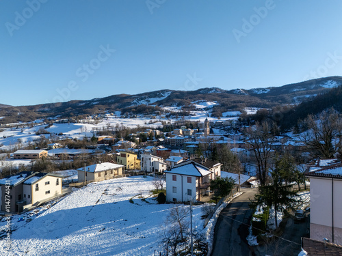 Morfasso village covered in snow during winter in Emilia Romagna, Italy photo