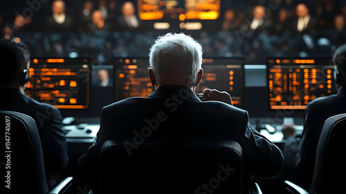 Dark Control Room Illustration:  Man Monitoring Screens