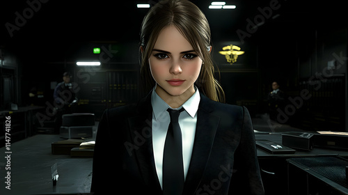 3D Render Woman in Black Suit, Dark Office Background