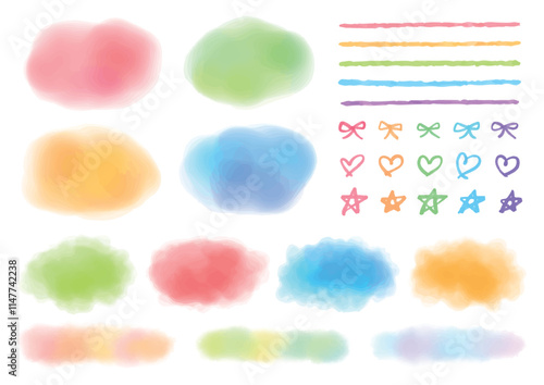 水彩風のふわふわしたデザインパーツセット