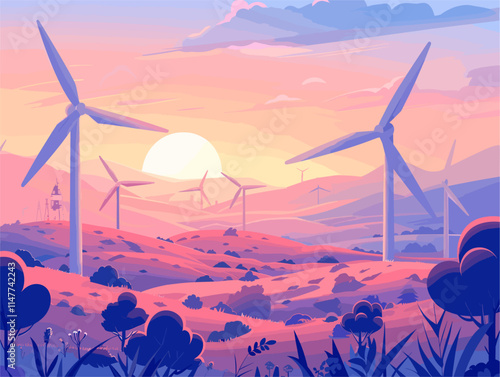 Windswept Serenity: A Tranquil Landscape Enhanced by Towering Windmills in Animated Vector Art
