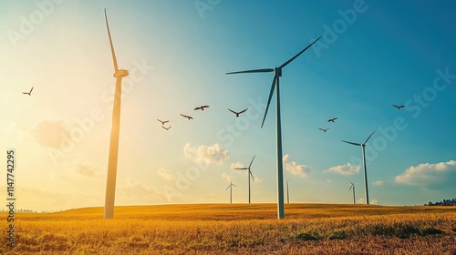 A sunny day with cheerful wind turbines standing tall in the field, birds flying around them under a bright and happy sky, symbolizing renewable energy.