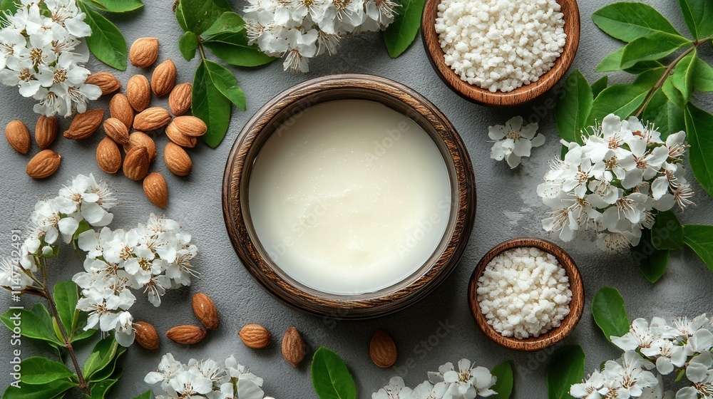 A serene arrangement of natural ingredients for skincare and wellness. A serene arrangement of natural ingredients for skincare and wellness.