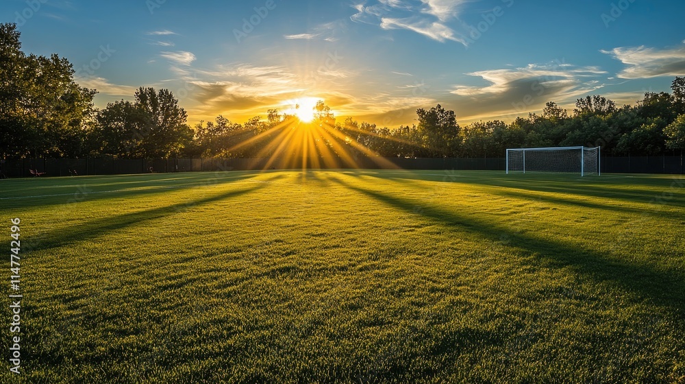 A sunset scene on a soccer field with lush green grass, with goalposts casting long shadows as the field is bathed in soft golden light. A sunset scene on a soccer field with lush green grass, with goalposts casting long shadows as the field is bathed in soft golden light.