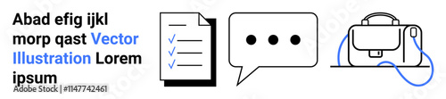Checklist with blue checkmarks, speech bubble with three dots, and a briefcase. Ideal for productivity tools, business presentations, education, project management, communication, documentation