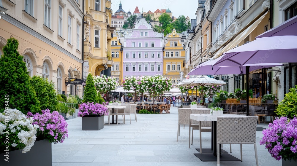 Fototapeta premium Charming European street with colorful buildings, outdoor cafes, and blooming flowers.