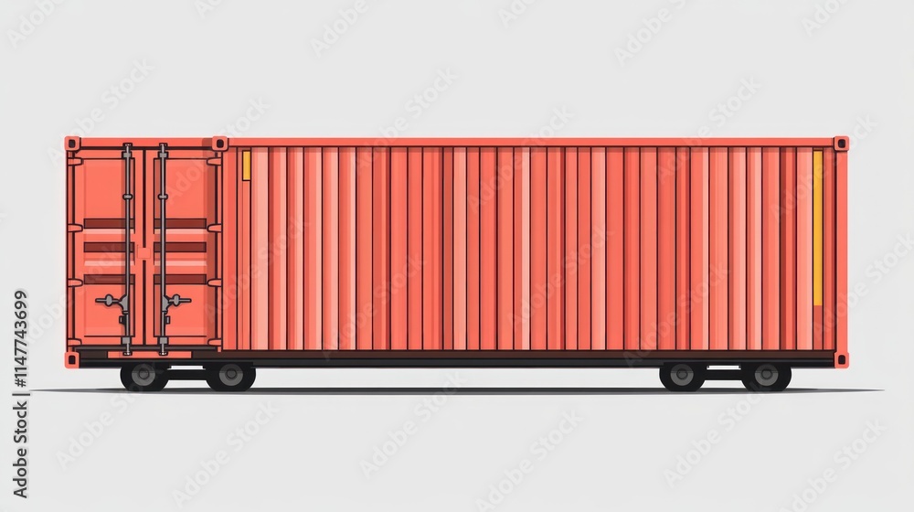 A side view of a shipping container, typically used for transporting goods. A side view of a shipping container, typically used for transporting goods.